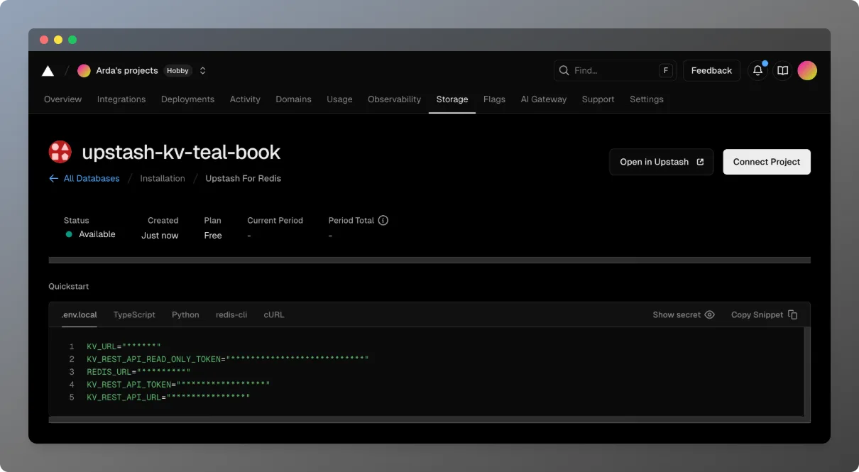 Upstash integration in the Vercel dashboard