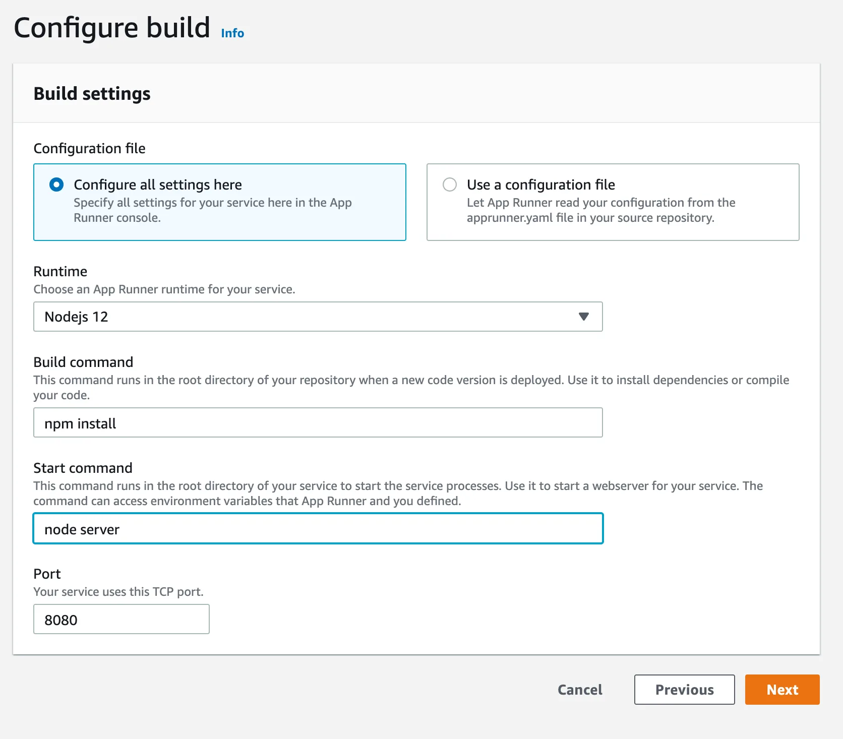 AWS App Runner build settings